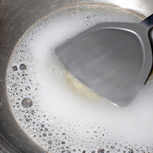 A close-up of a non-stick frying pan being washed with mild dish soap.