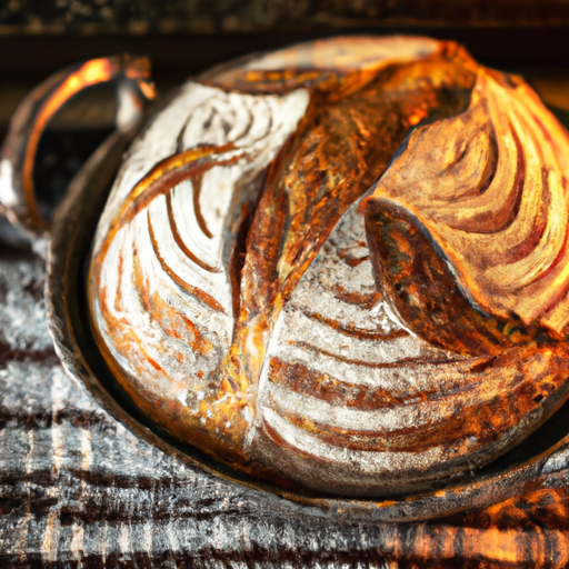 Freshly baked artisan bread with a crispy golden crust, made in a Dutch oven.