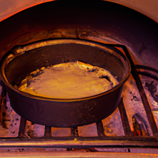 A close-up of a cast iron dutch oven, the perfect tool for making delicious pizza.